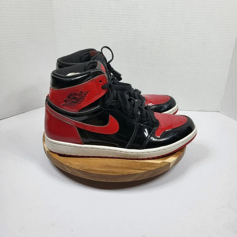 Jordan 1 High OG Patent Bred Mens Size 10 Black Red Good 555088-063 Sneakers