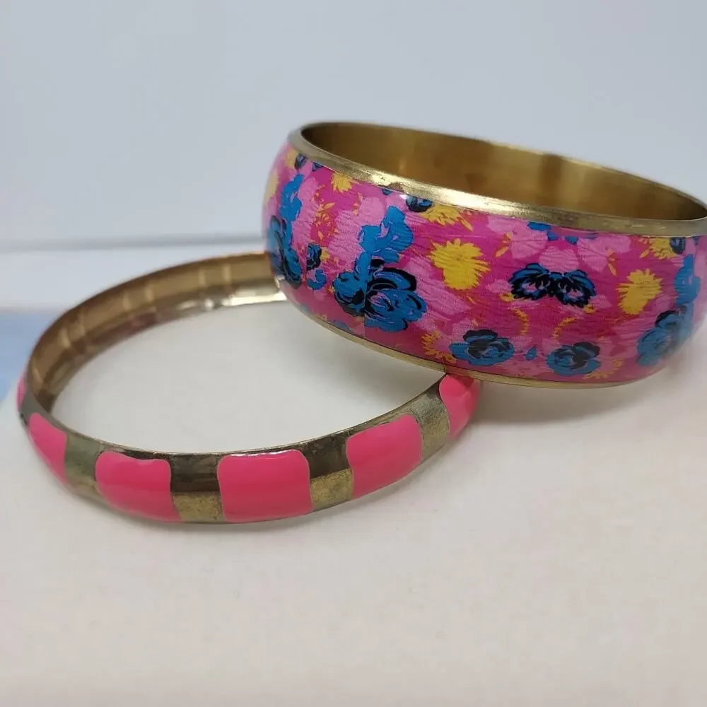 Hot Pink Enamel Bangle Bracelets Set of 2 Stripe and Floral 8