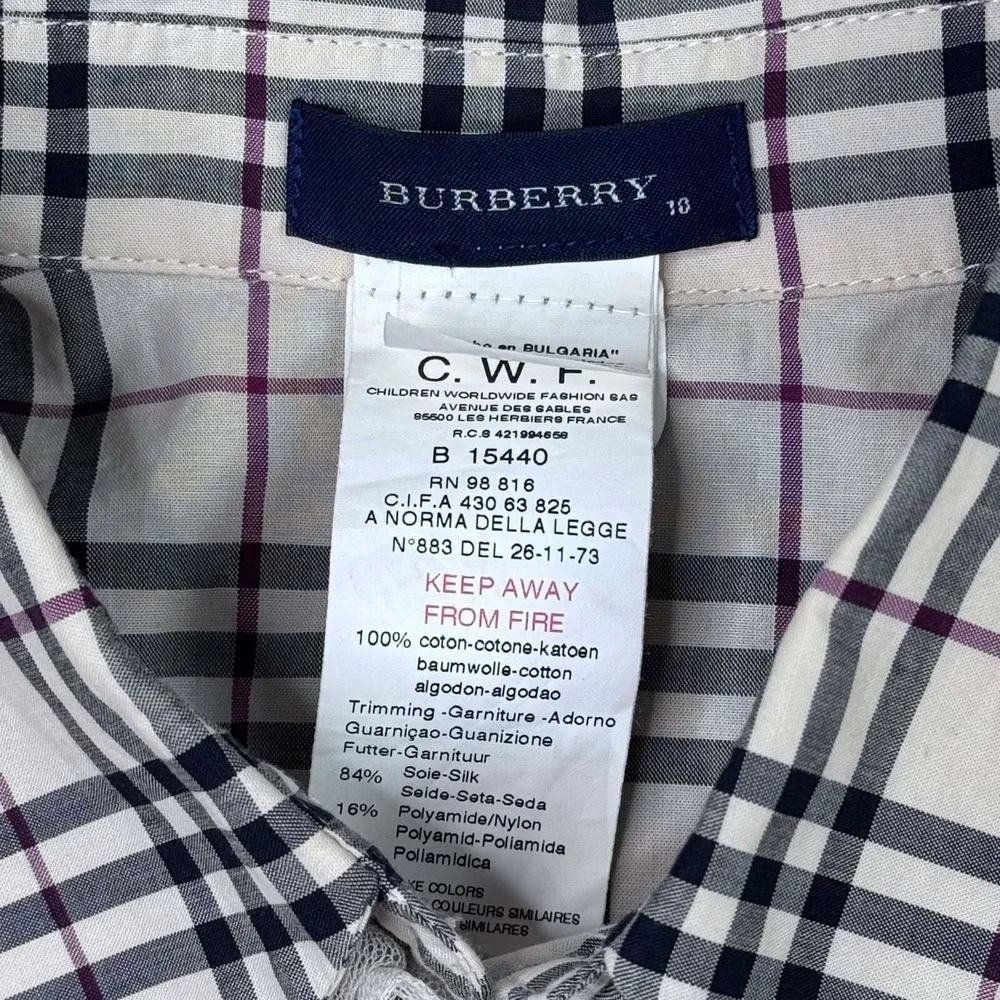 Burberry Nova Check Printed Cotton Trim Detail SS Button Up Girls Sz 10 Academia