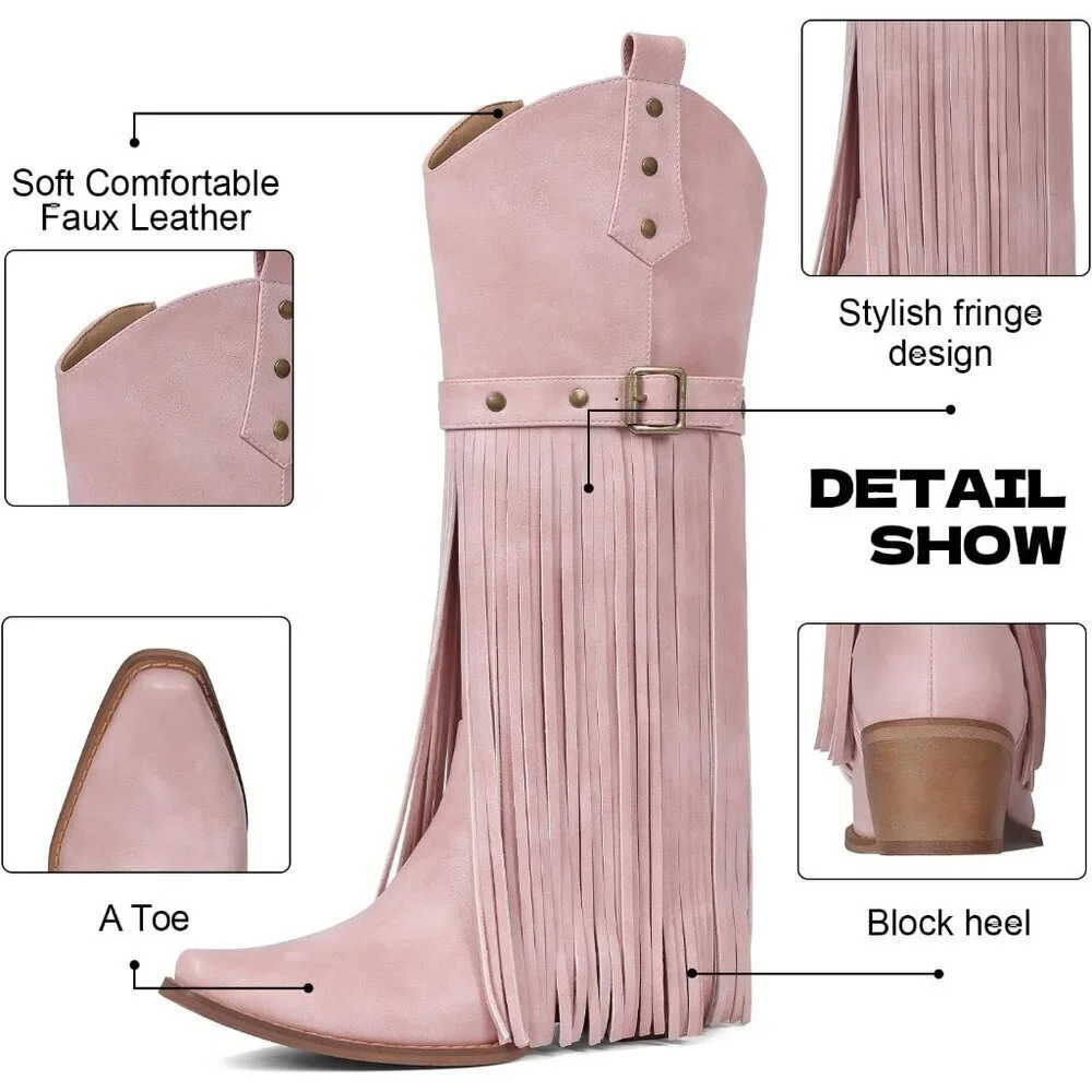 Women's Pink Retro Square Toe Cowgirl Side Zipper Blocked Chunky Heel Boots