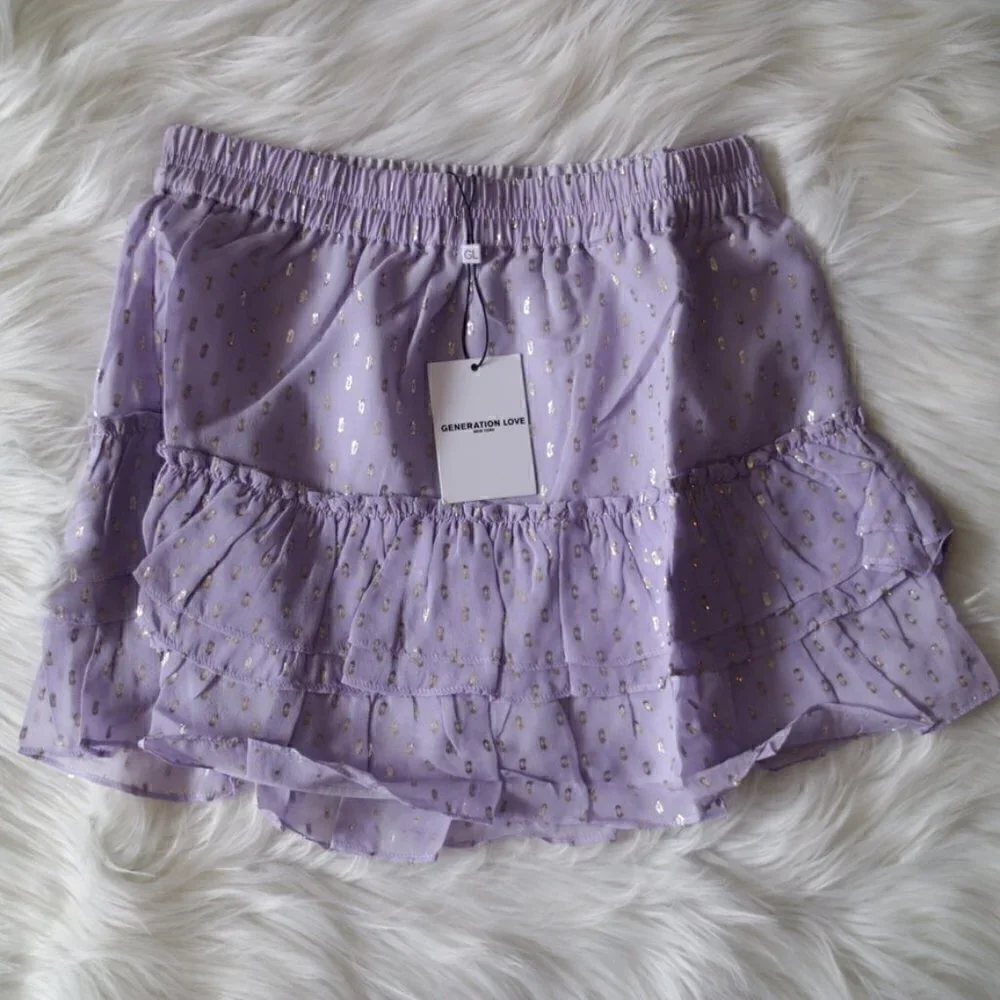 NWT Generation Love High Waist Ruffle Lilac Purple Silk Mini Skirt Size XS