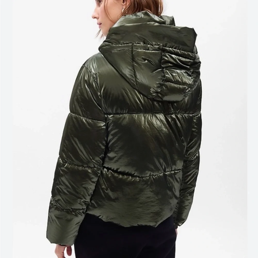 GAP Glossy Green Puffer Jacket Hooded Cropped GorpCore NWT Small