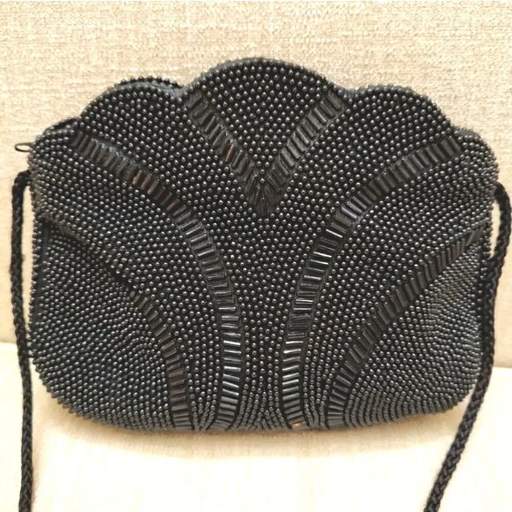 Scalloped Black Beaded Evening Shoulder Bag Formal Special Occasion