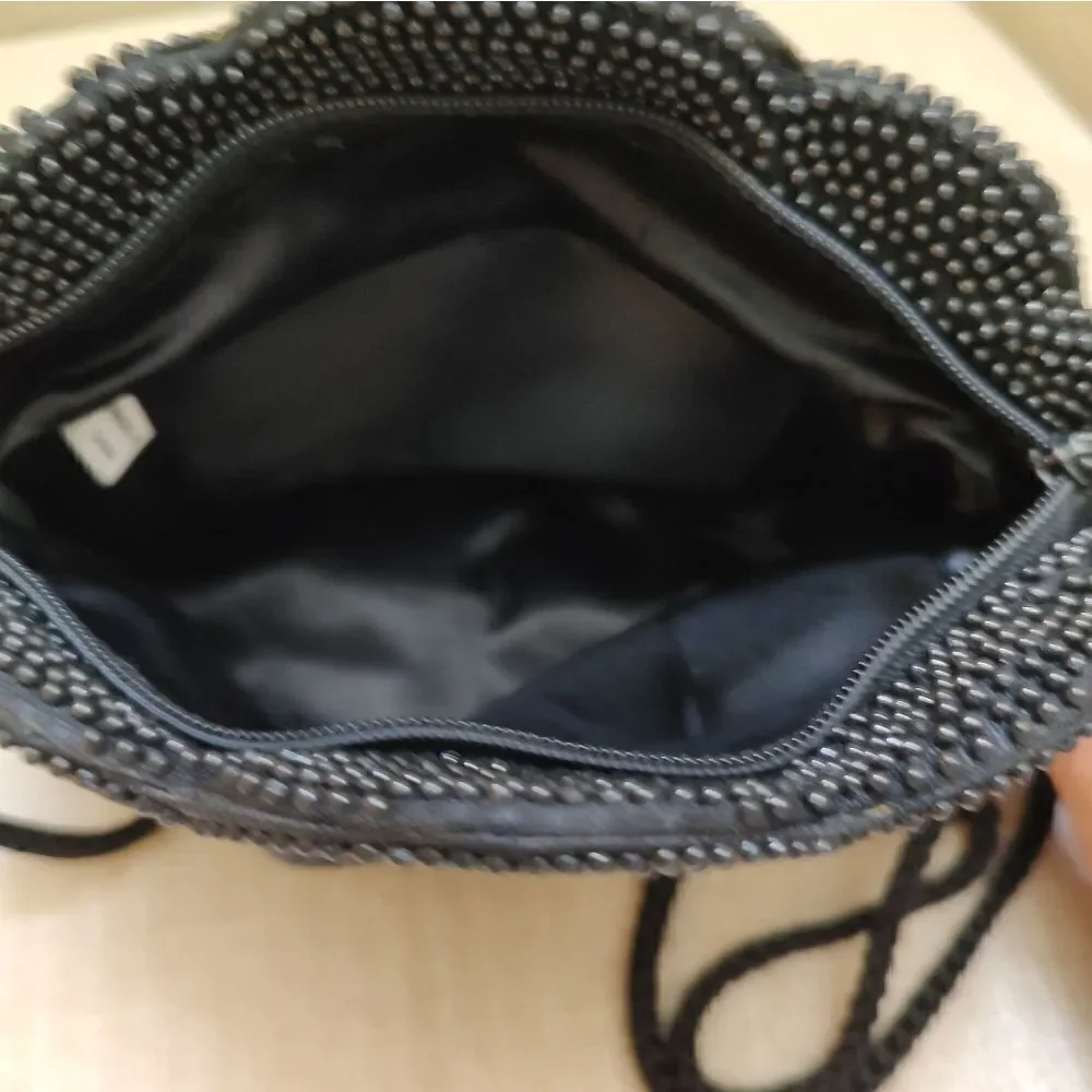 Scalloped Black Beaded Evening Shoulder Bag Formal Special Occasion
