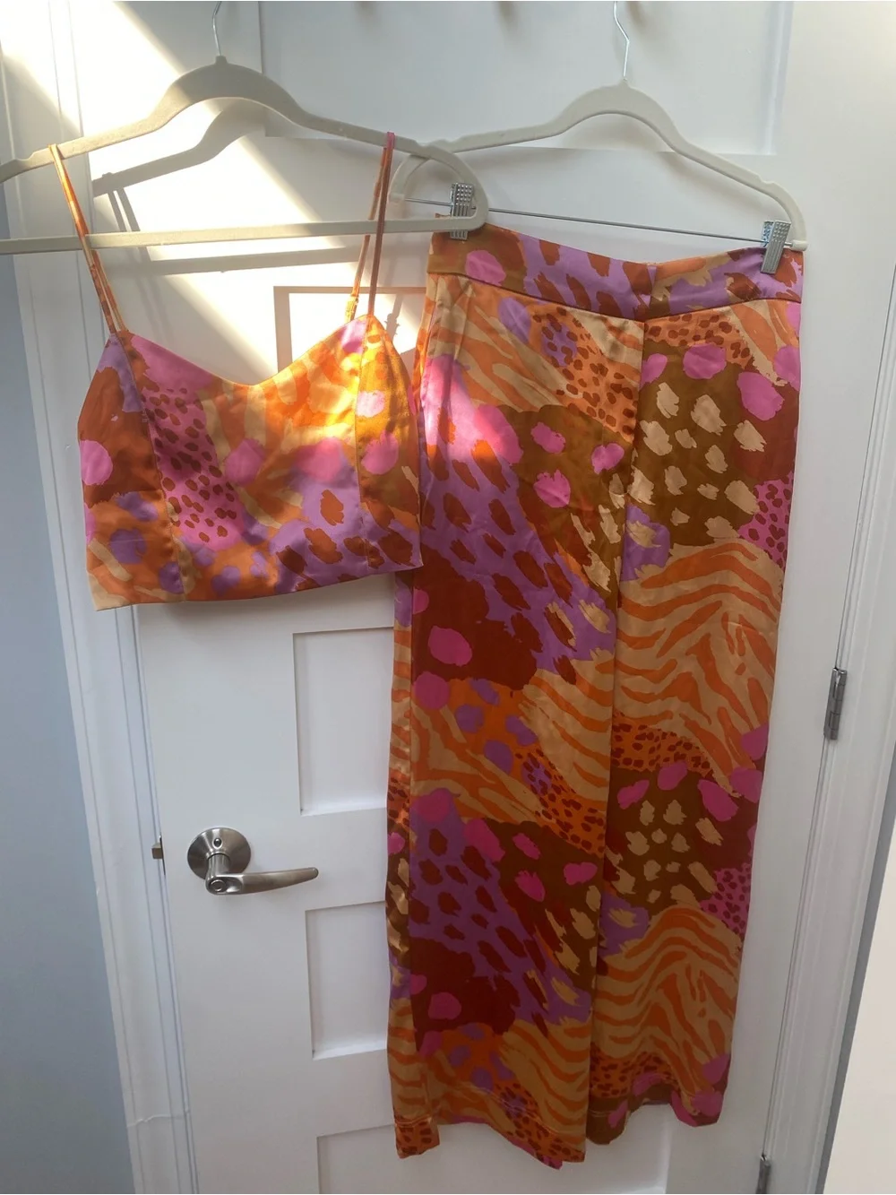 Christian Lacroix designer Satin Wide-Leg Pants in Pink & Orange Abstract Print