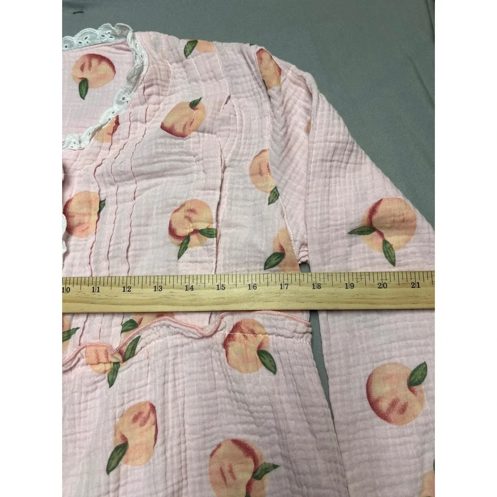 Pink Peach Print Cotton Gauze Pajama Set Lace Trim Long Sleeve Pants M