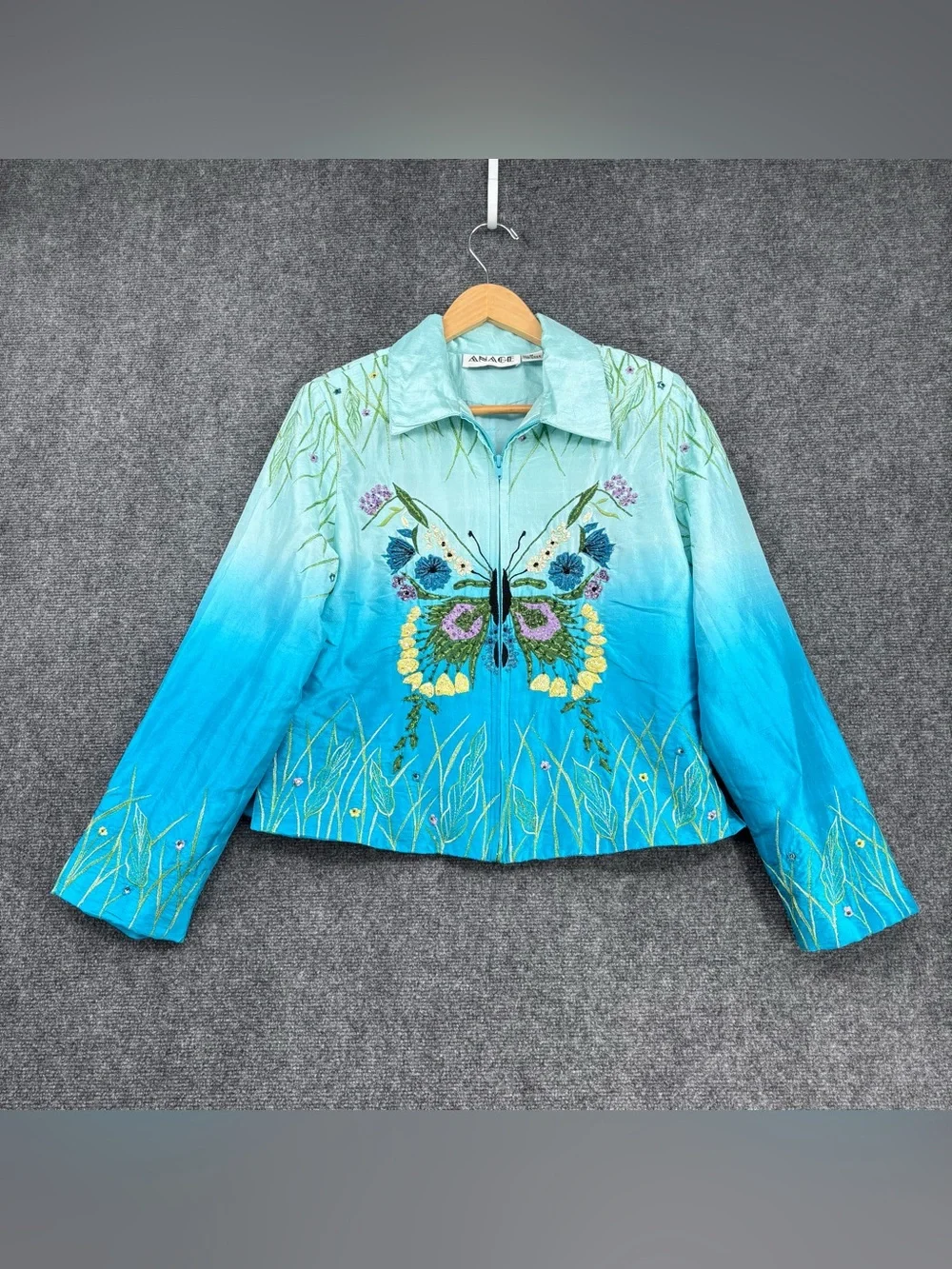 Anage 100% Silk Artsy Turquoise Ombré Beaded Embroidered Butterfly Jacket Size M