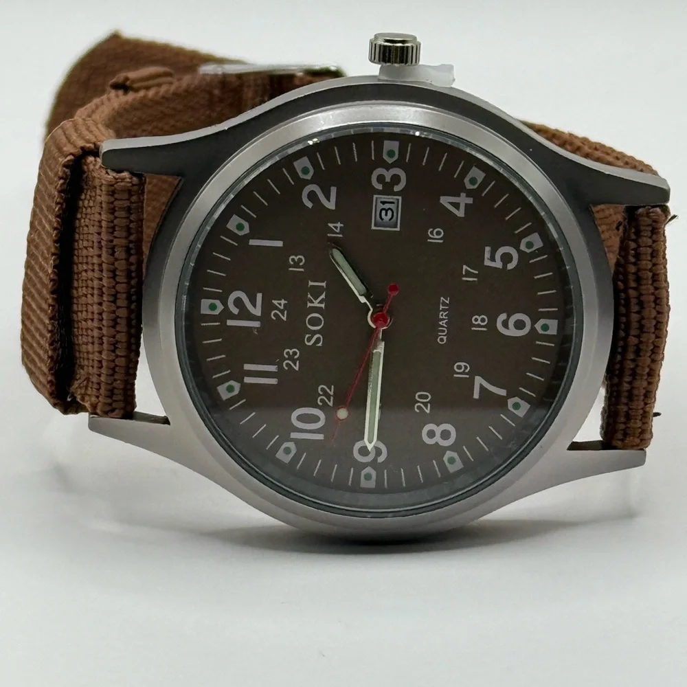 New Soki Canvas Brown Belt, Military Watch, Date Display, Men's (New Battery)