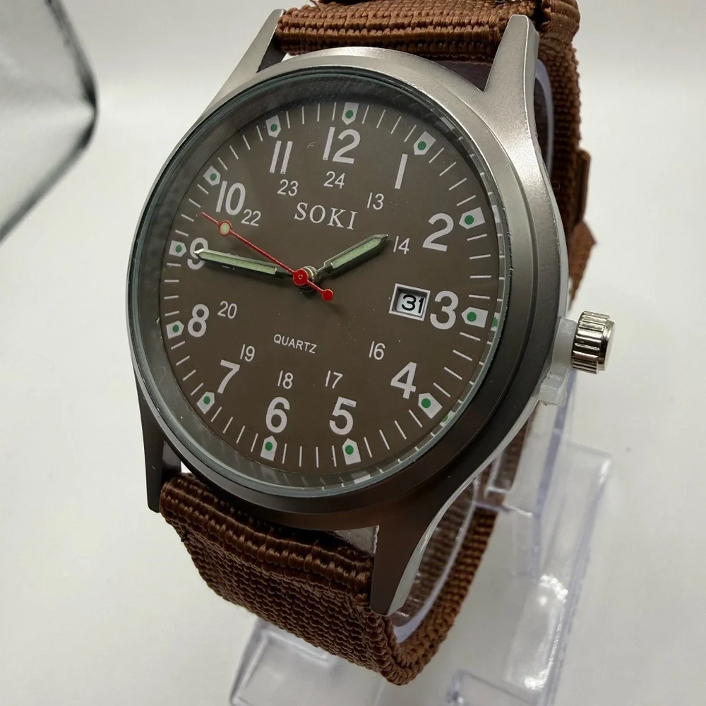 New Soki Canvas Brown Belt, Military Watch, Date Display, Men's (New Battery)