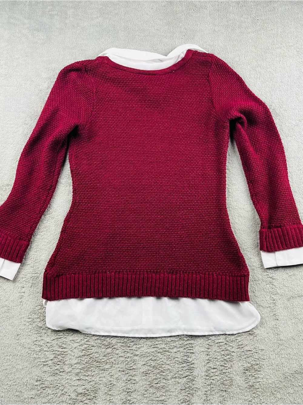 AB Studio Burgundy Crewneck Sweater with White Shirt Hem
