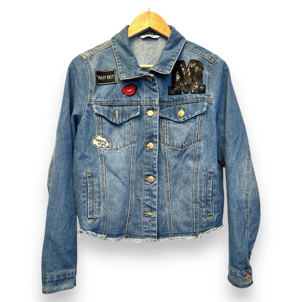 Highway‎ Jeans Womens L Cropped Denim Jacket Patches Sequin M Raw Hem VD7901HJMJ