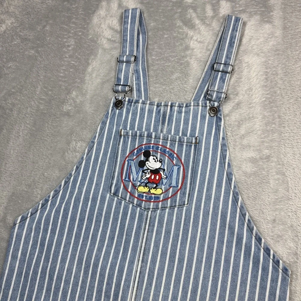 Disney Mickey Mouse Overall Skirt Women Large Denim Bib Blue White Stripe