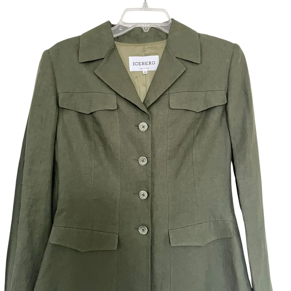 Iceberg Army Green 100% Linen Button Front Utilitarian Blazer Jacket Size IT 42