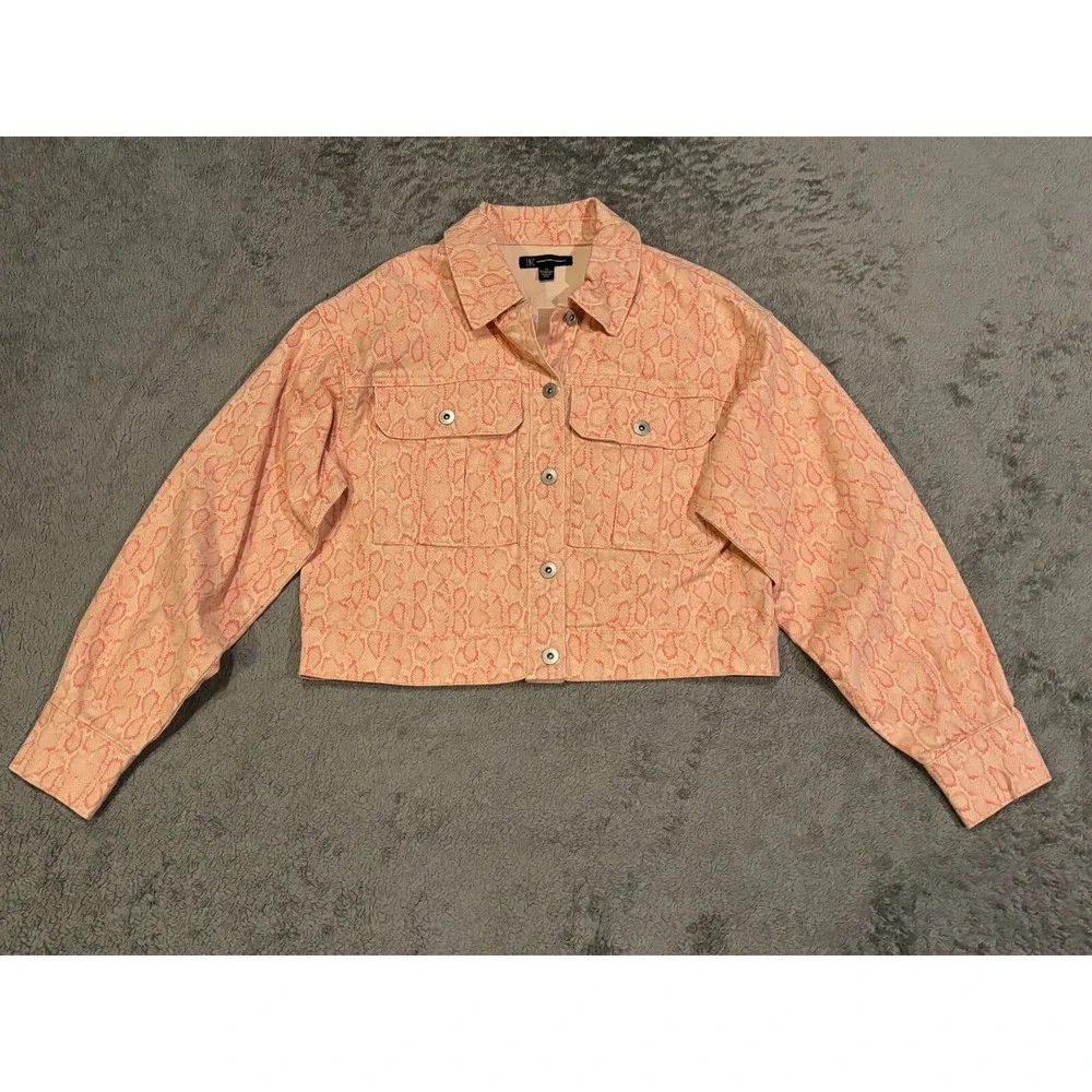INC International Concept Cropped Denim Jacket Womens XS Pink Animal Print