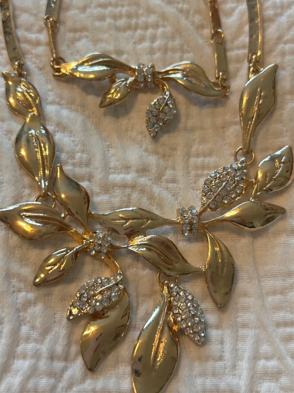 Large Vintage Gold Tone Vine and Leaf Necklace and Bracelet with Rhinestones