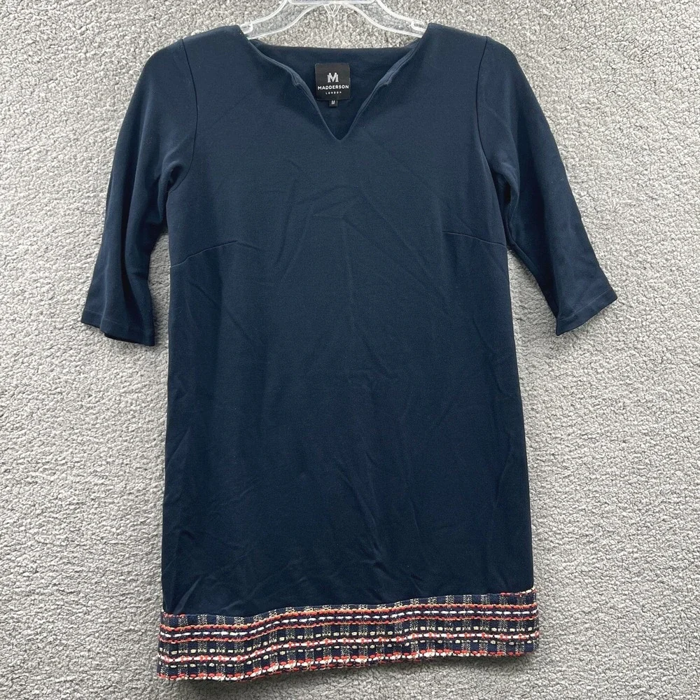 Women Navy Knit Shift Dress Medium 3/4 Sleeve Casual‎ Office Trim Hem Classic