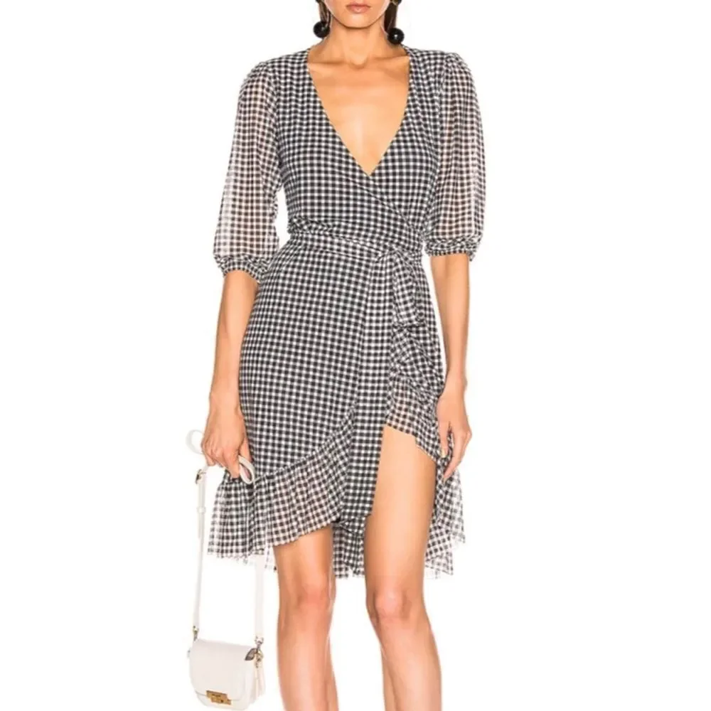 Ganni Gingham Mini Black White Dress Checkered Ruffled Size 4