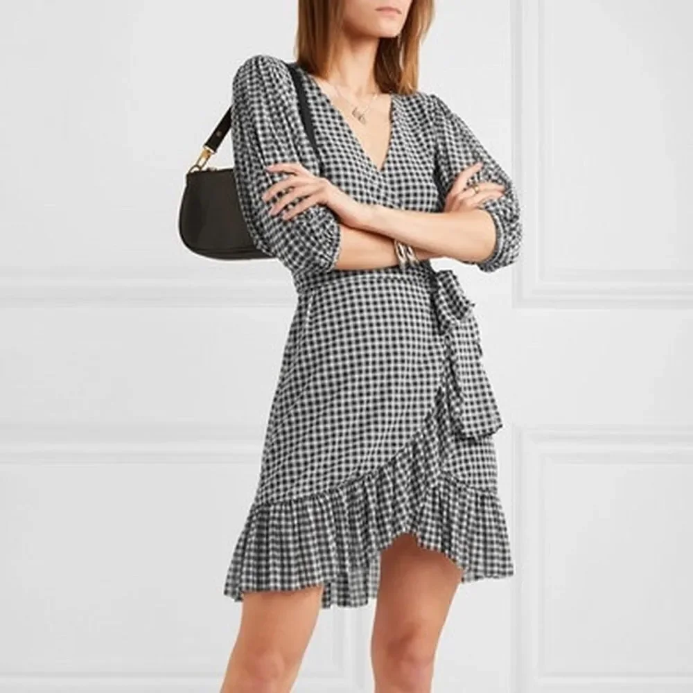 Ganni Gingham Mini Black White Dress Checkered Ruffled Size 4