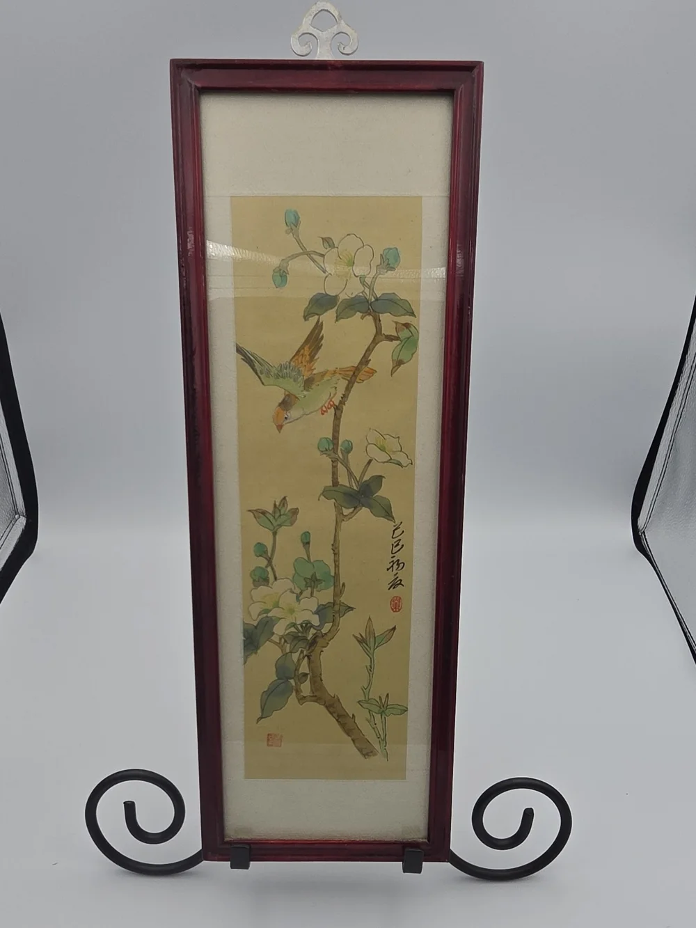 Vintage 80's Asian Pair of Red Framed Silk Botanical & Bird Wall Art Prints