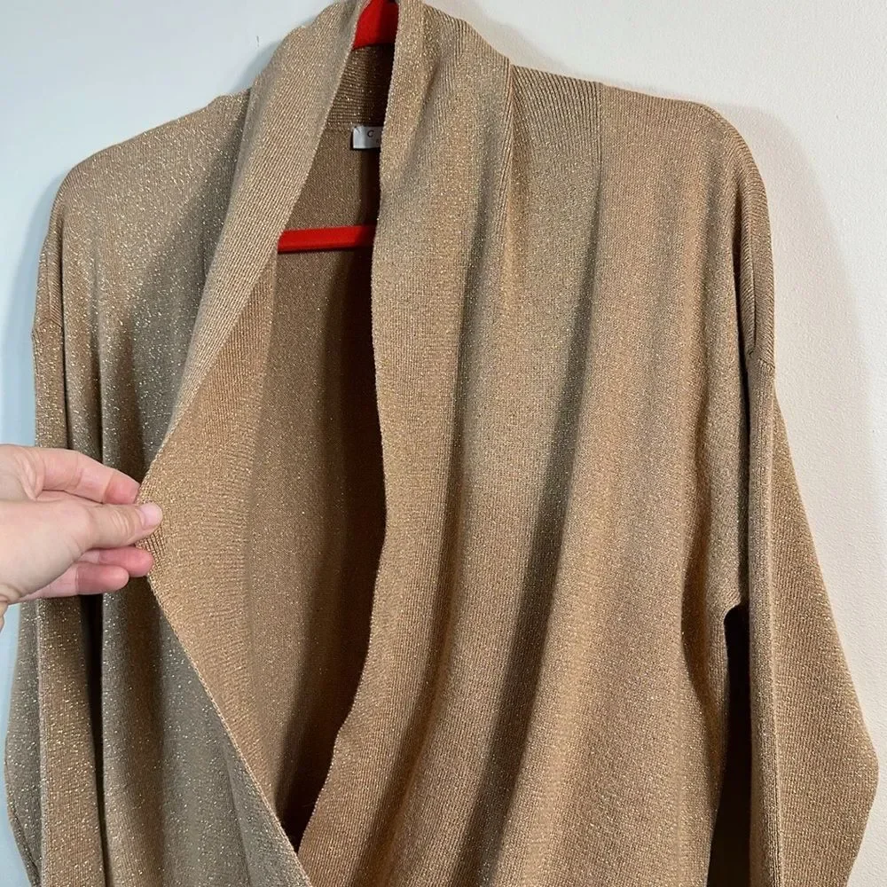 Chaus New York Gold Glitter Sparkle Faux Wrap Sweater Top Women Size Large