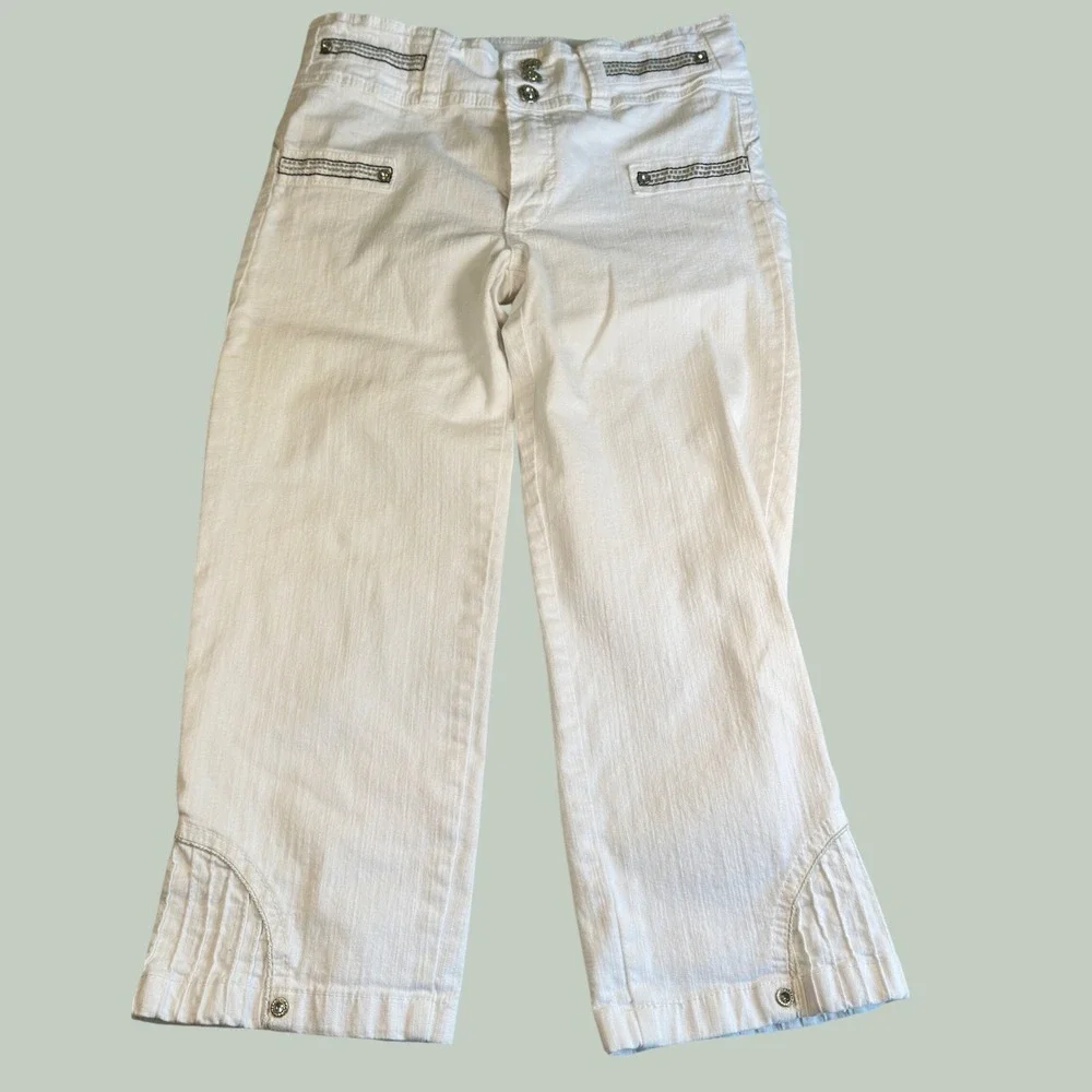 Inspiracion Latina Colombian Capri Pants Y2K White Denim Rhinestone Size 12