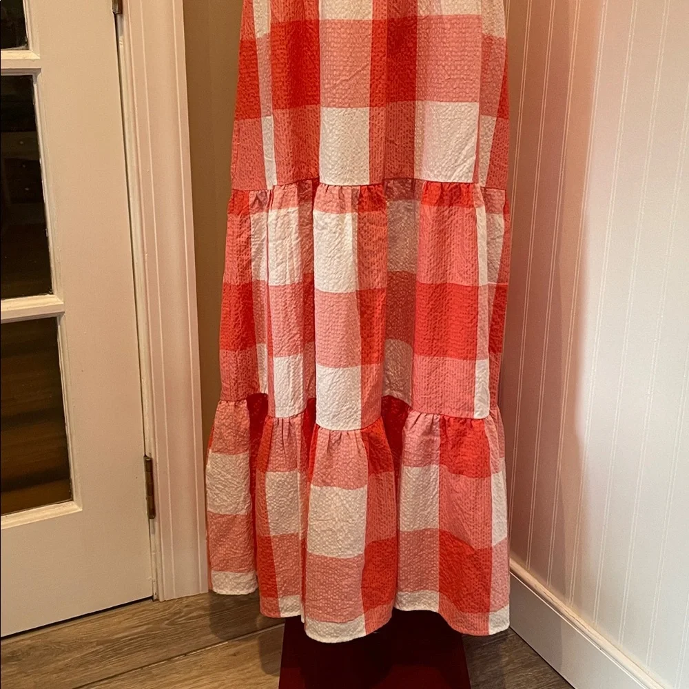 LOU & GREY Gingham Check Tiered Tank Midi Smocked Dress in Coral/White Size L