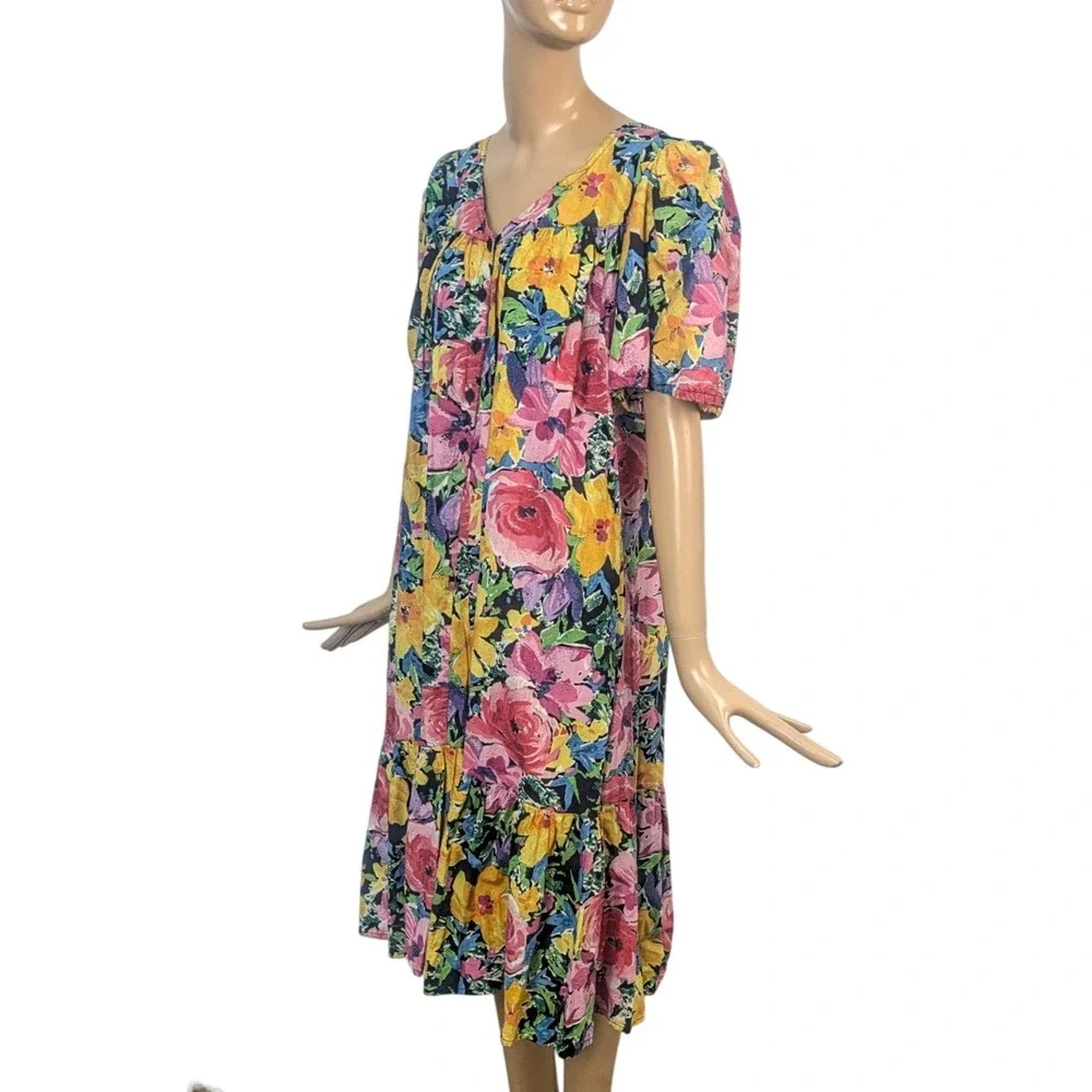 Vintage Star of India 70s Bright Multicolor Floral Cotton Dress Puff‎ Sleeve Sml