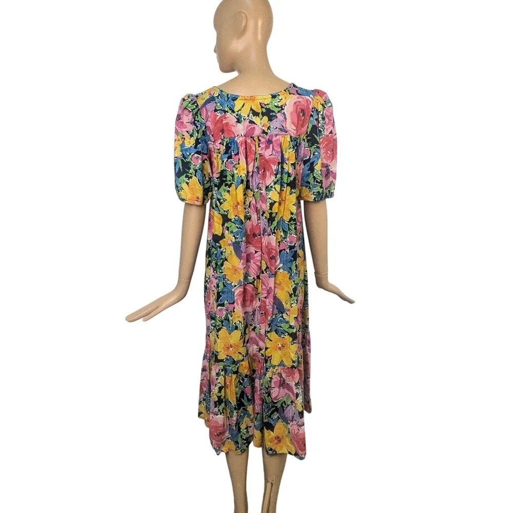 Vintage Star of India 70s Bright Multicolor Floral Cotton Dress Puff‎ Sleeve Sml