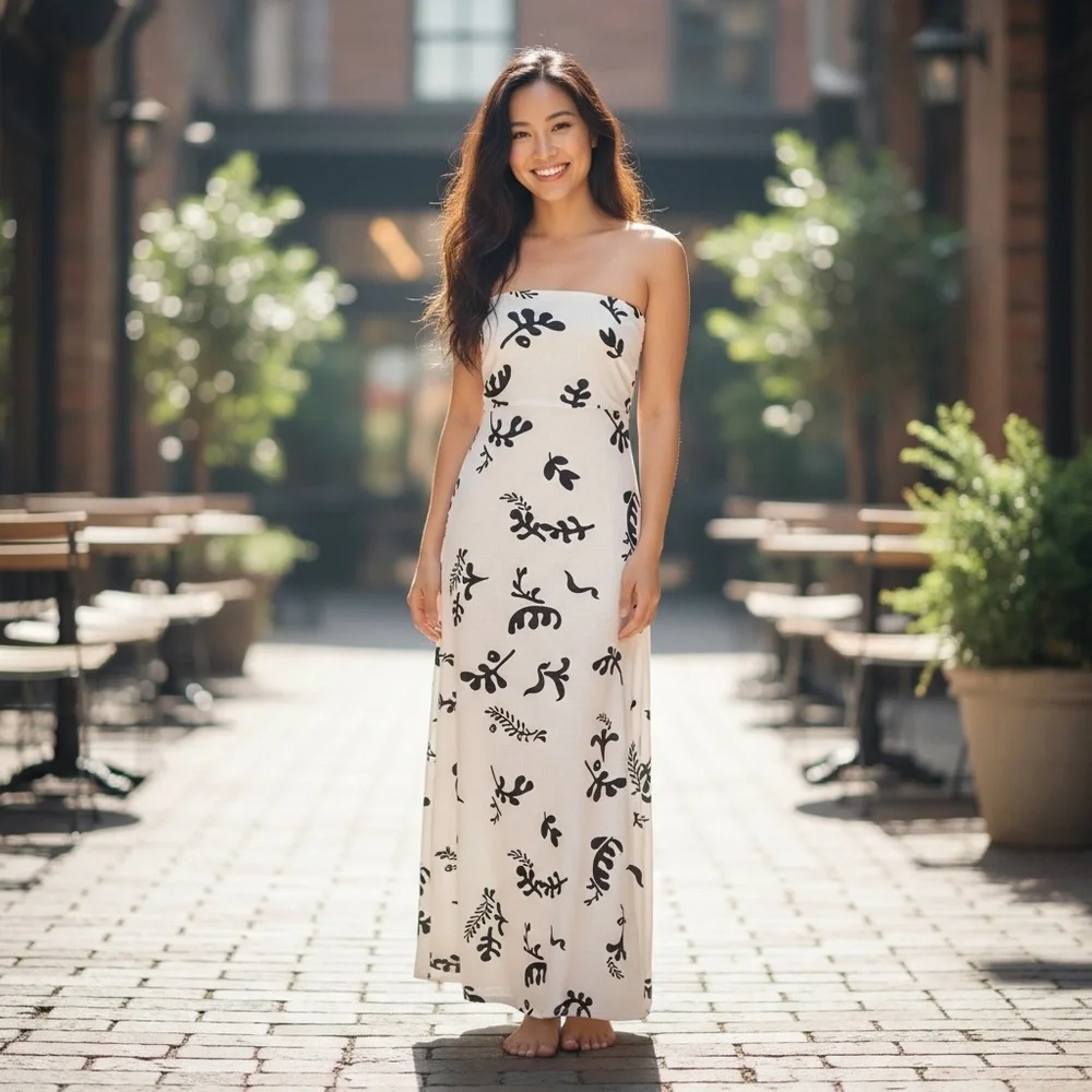 Paper Heart Linen Blend Black White‎ Leaf Print Maxi Dress Size XS