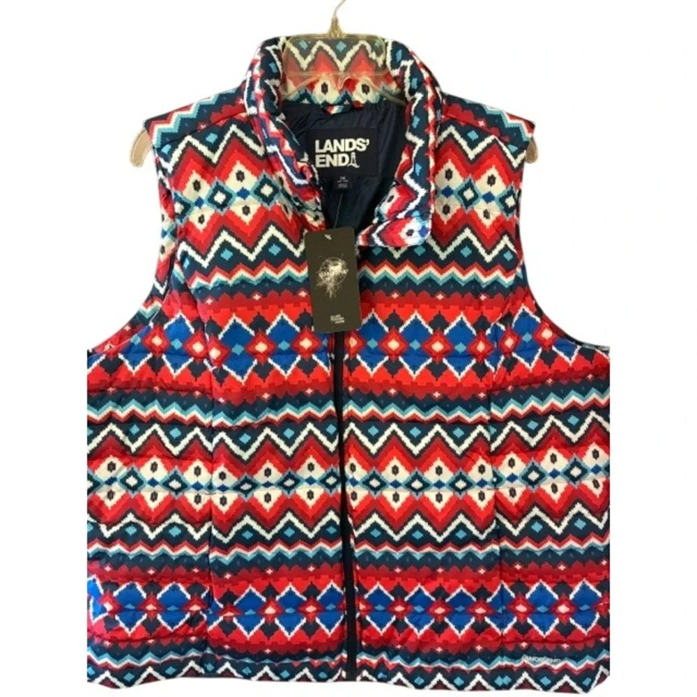 Lands' End Puffer Vest Women 1X Red Blue NWT 600 Fill‎ Power Down Fair Isle