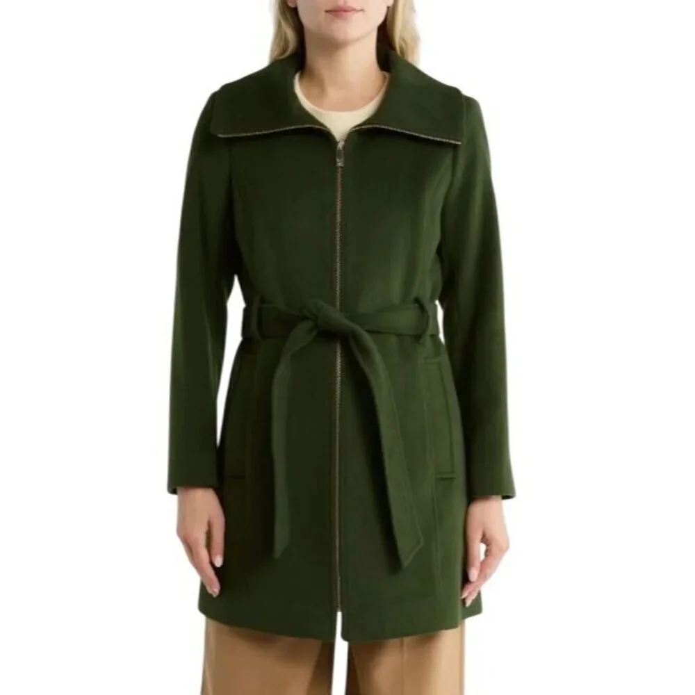 Michael Kors Womens Green Wool Blend Full Zip Belt Mid Length Pea Coat Sz XL New
