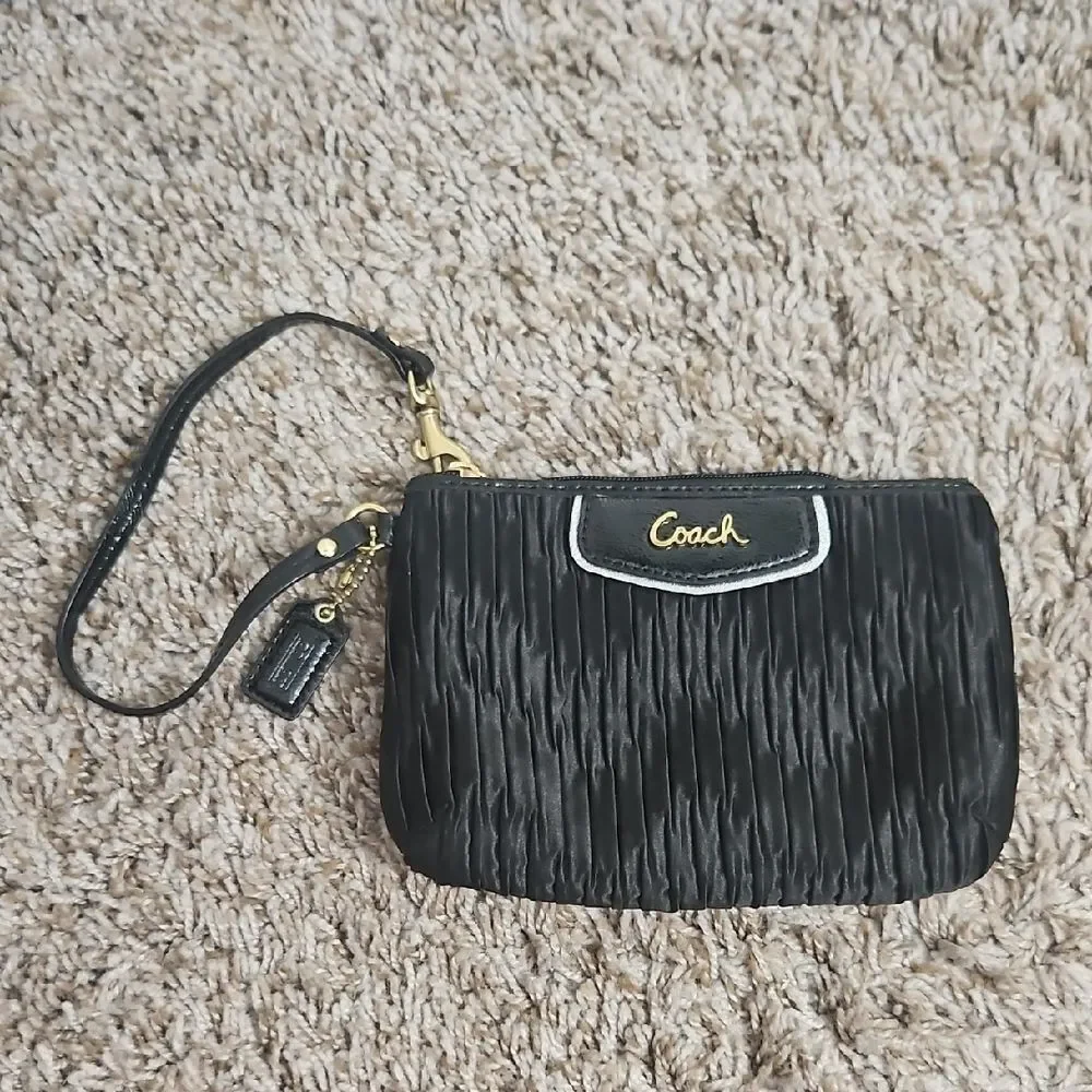 Coach Black Pleated Wristlet | Gold Tone Hardware | Hang Tag Included