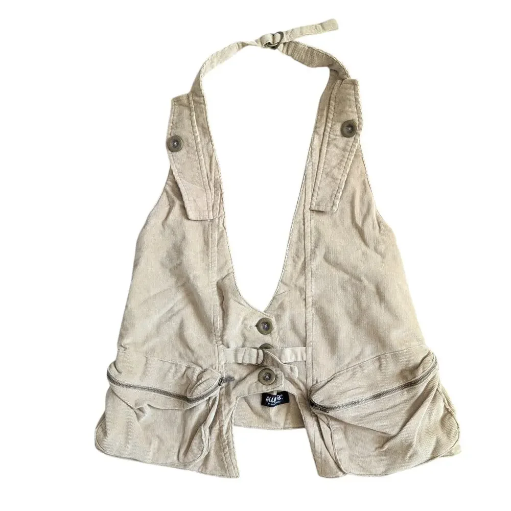 Y2K 2000s Waistcoat Corduroy Vest Tan M Cargo Utility Cyber‎ Grunge Twilightcore