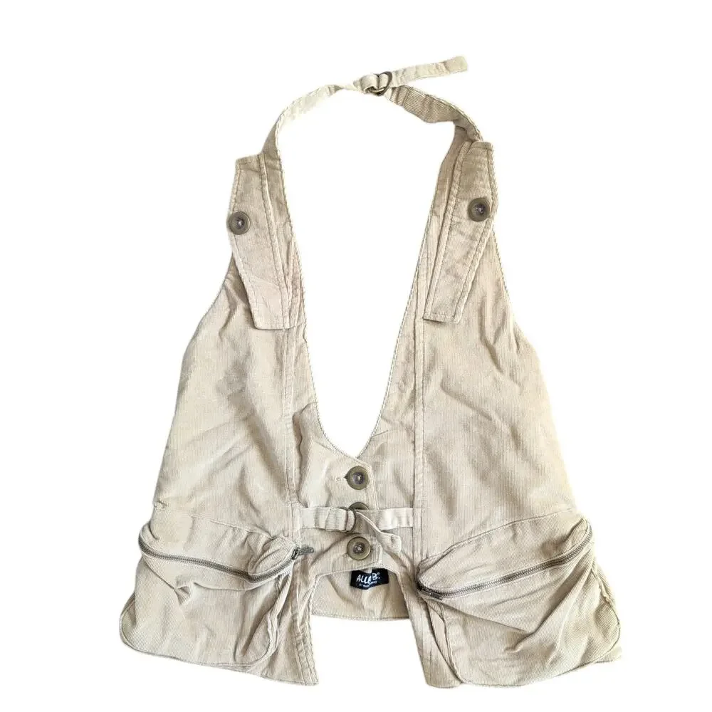 Y2K 2000s Waistcoat Corduroy Vest Tan M Cargo Utility Cyber‎ Grunge Twilightcore