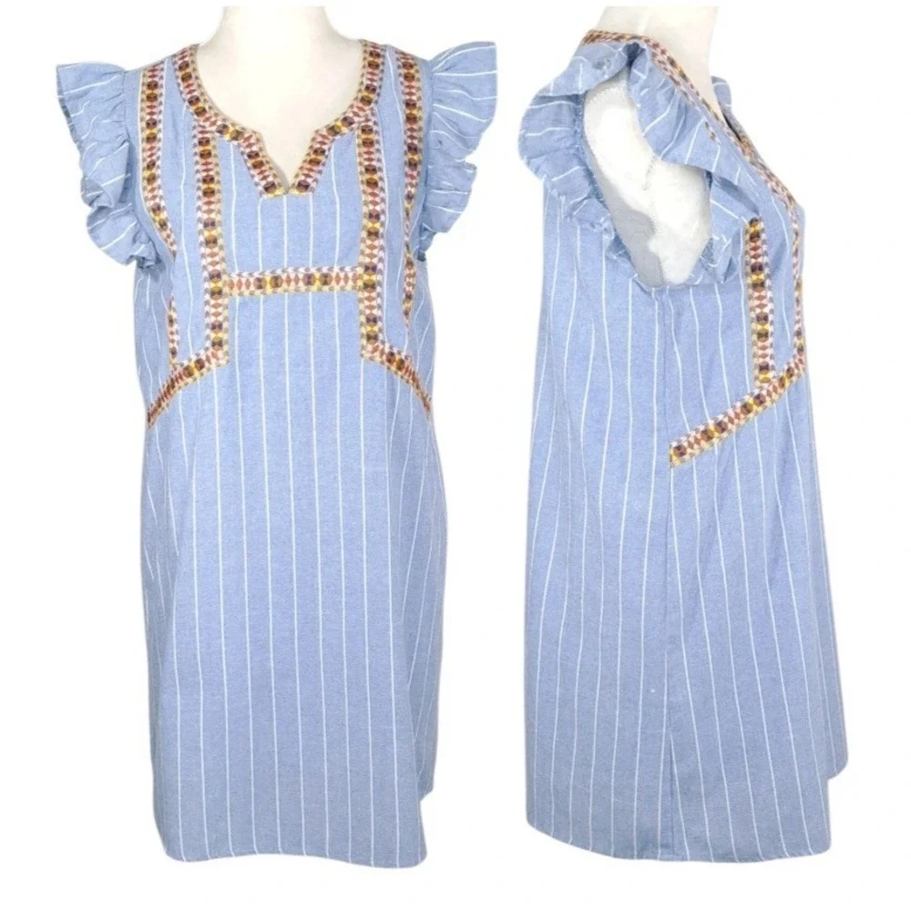 Entro Dress Size Medium Pullover Blue Stripe Embroidered Ruffle Sleeve‎ Lined