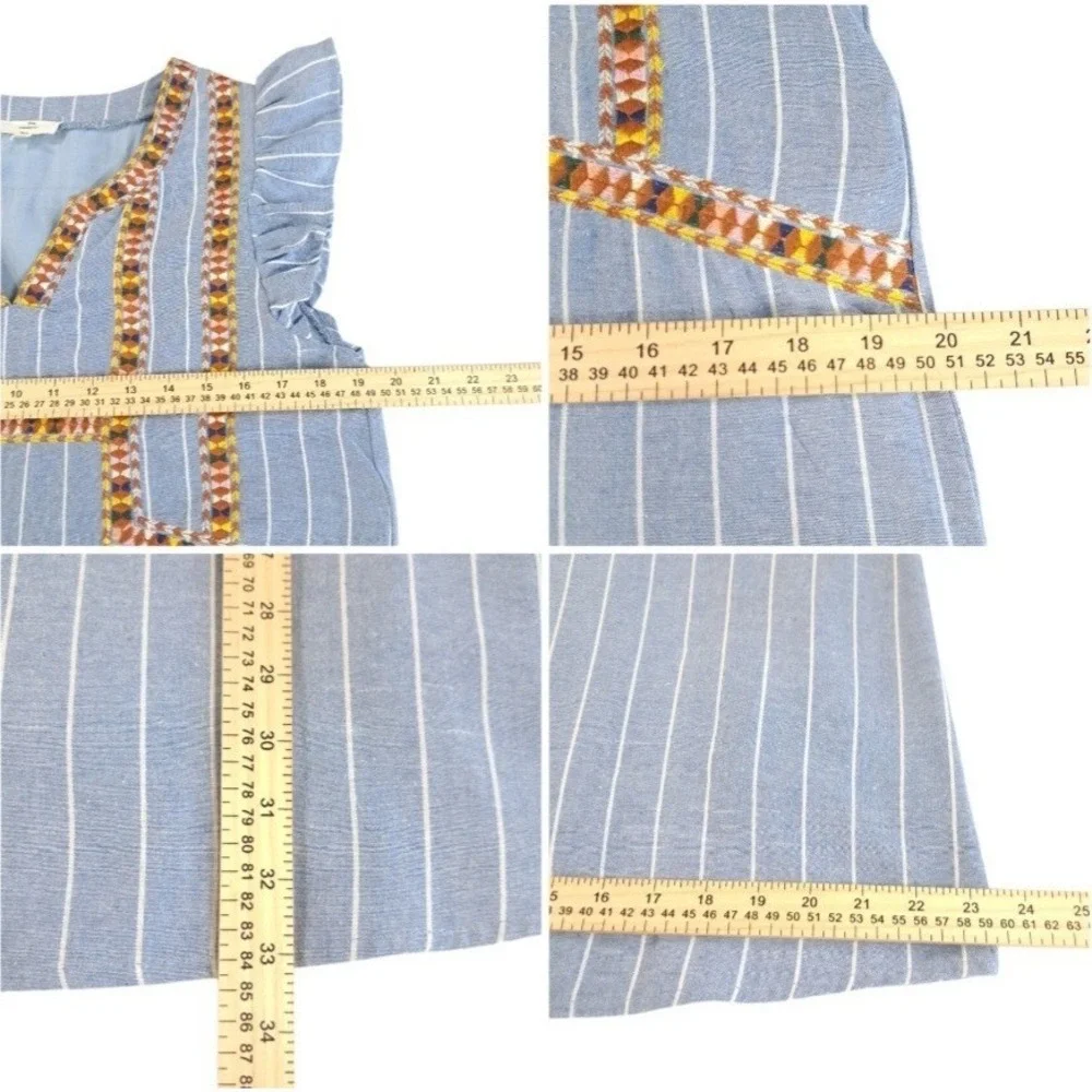 Entro Dress Size Medium Pullover Blue Stripe Embroidered Ruffle Sleeve‎ Lined