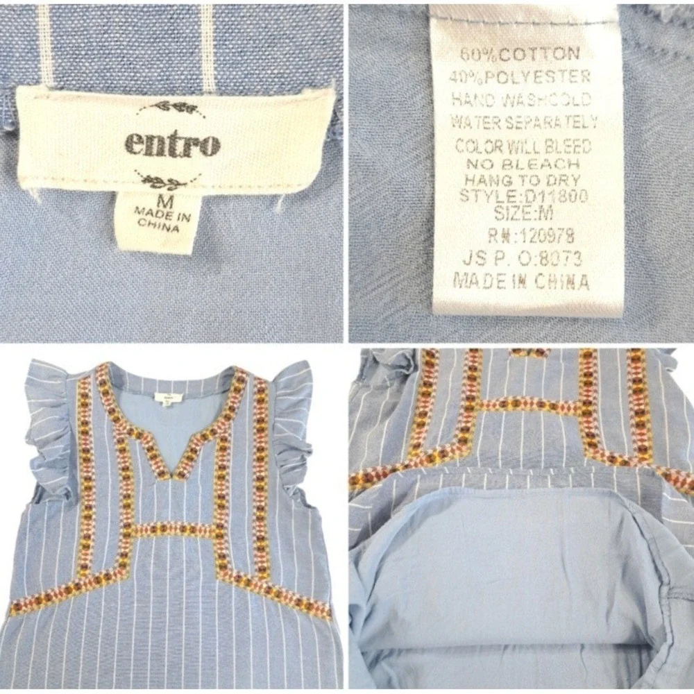 Entro Dress Size Medium Pullover Blue Stripe Embroidered Ruffle Sleeve‎ Lined