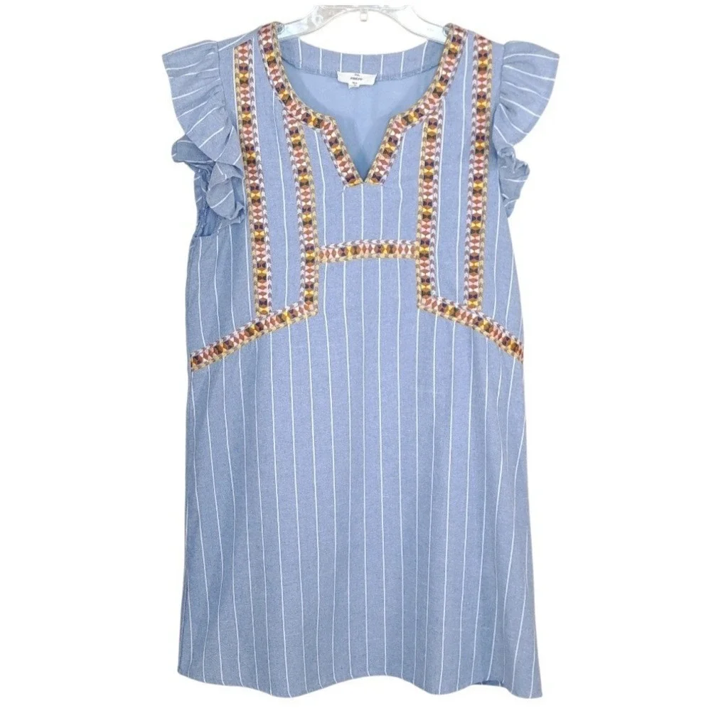 Entro Dress Size Medium Pullover Blue Stripe Embroidered Ruffle Sleeve‎ Lined