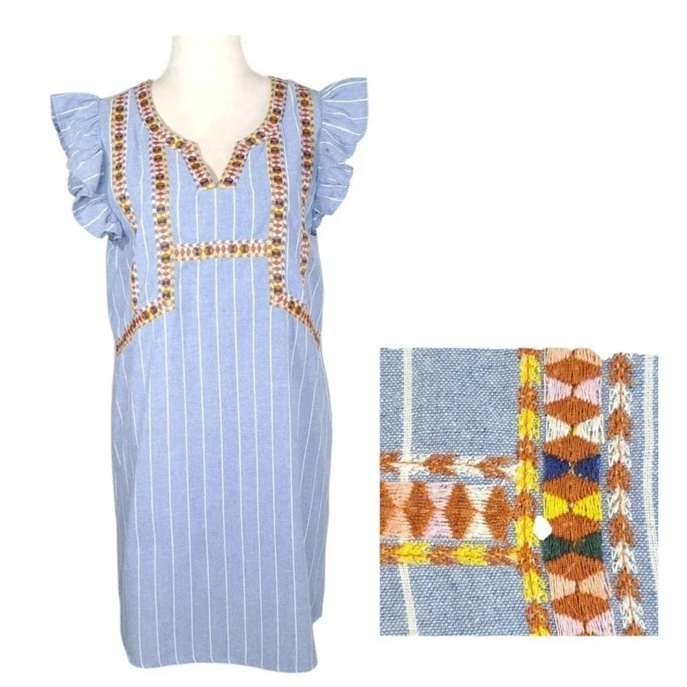 Entro Dress Size Medium Pullover Blue Stripe Embroidered Ruffle Sleeve‎ Lined