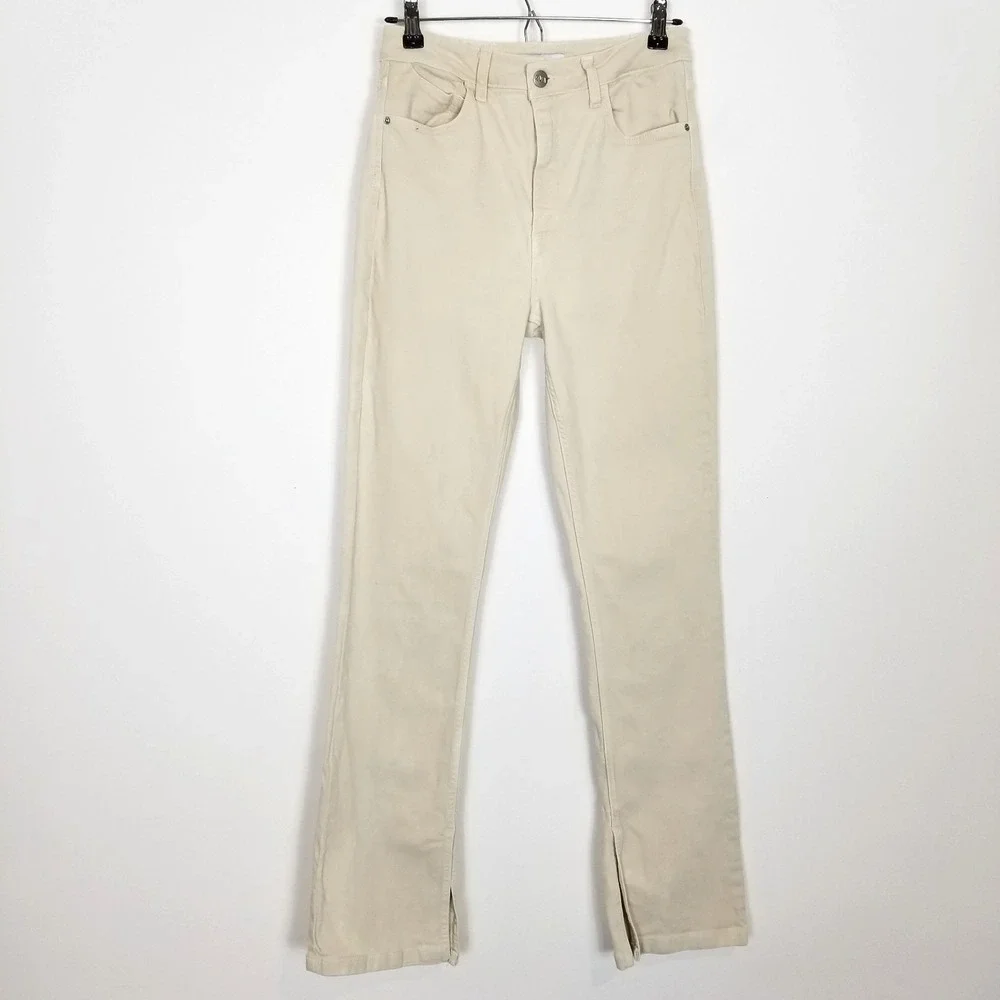 Zara Women Straight Leg Slit Hem Jeans Sz 6 Cream High Rise City‎ Modern