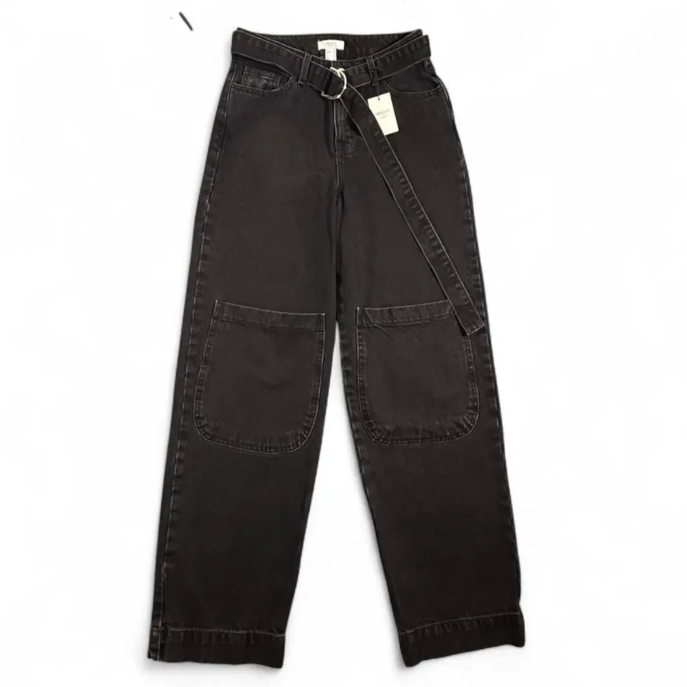 Forever 21 Indie Sleaze Baggy Wide Leg Black Cargo Jeans 24 Grunge Goth‎ egirl