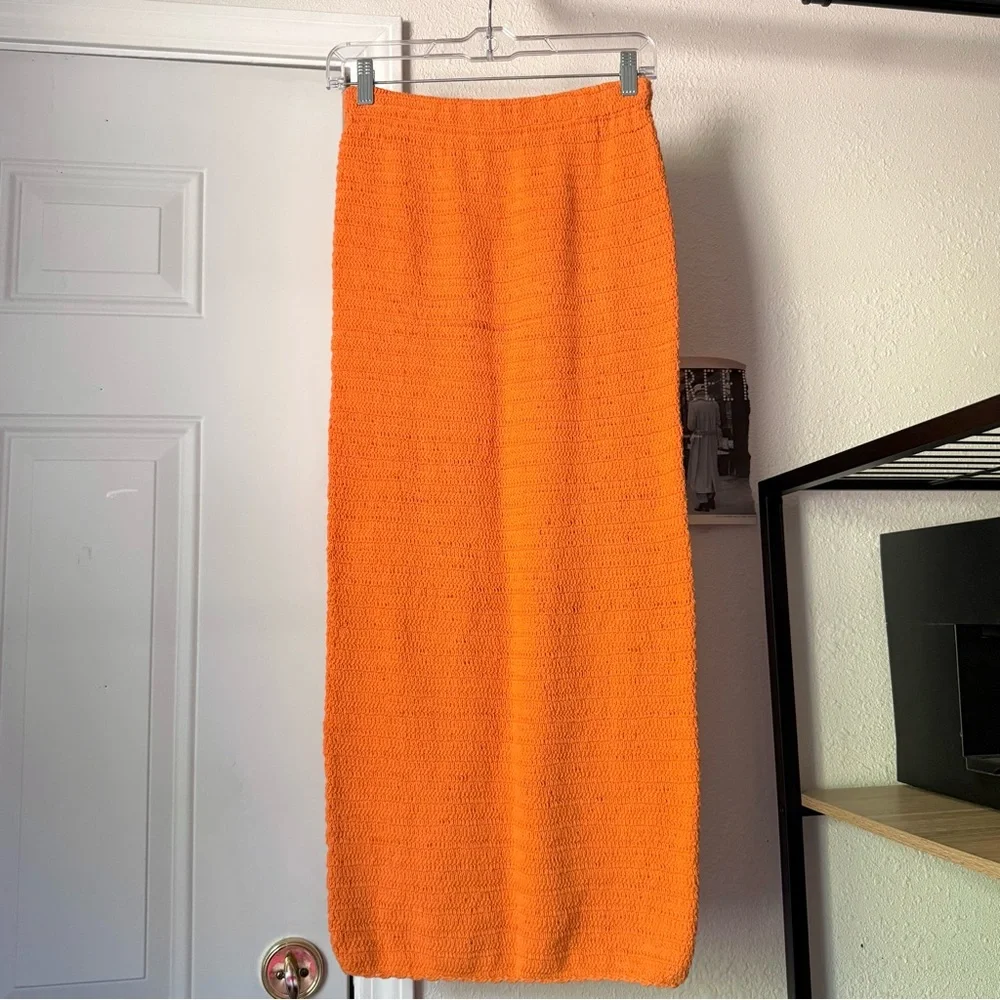 EUNOIA orange crochet open chunky knit bodycon midi‎ maxi skirt
