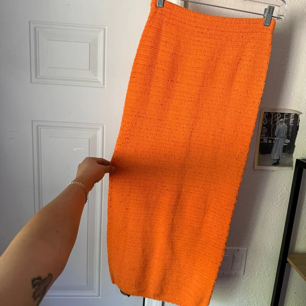 EUNOIA orange crochet open chunky knit bodycon midi‎ maxi skirt