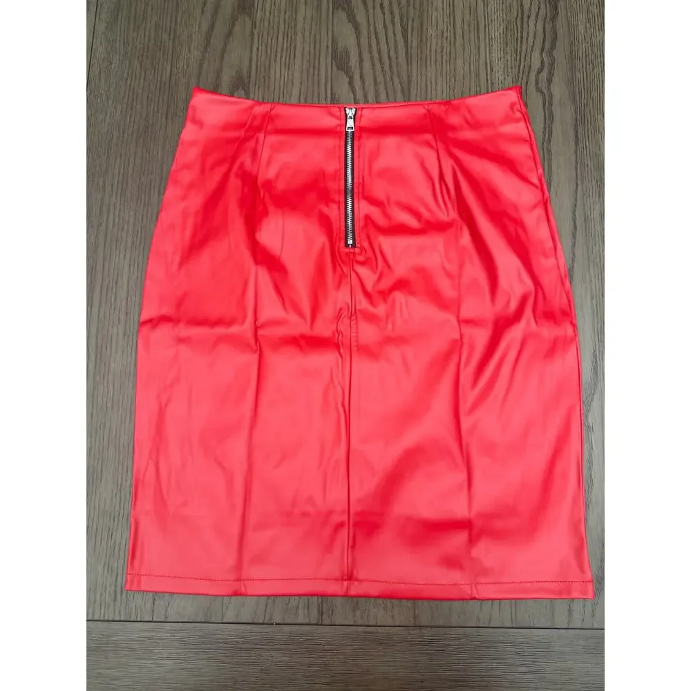 NWOT Faux Leather Skirt Red High Waisted Lined Zip Back XL