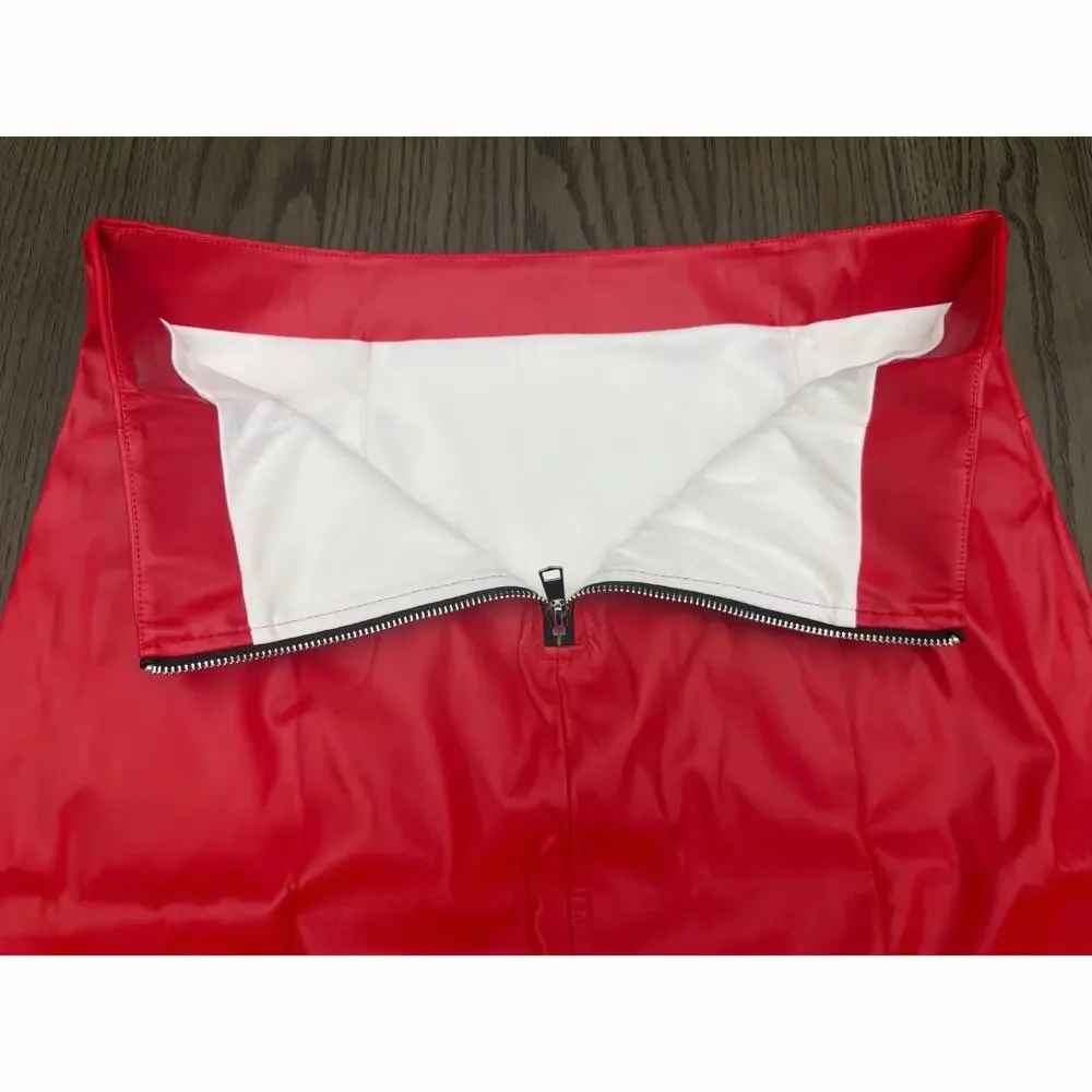 NWOT Faux Leather Skirt Red High Waisted Lined Zip Back XL