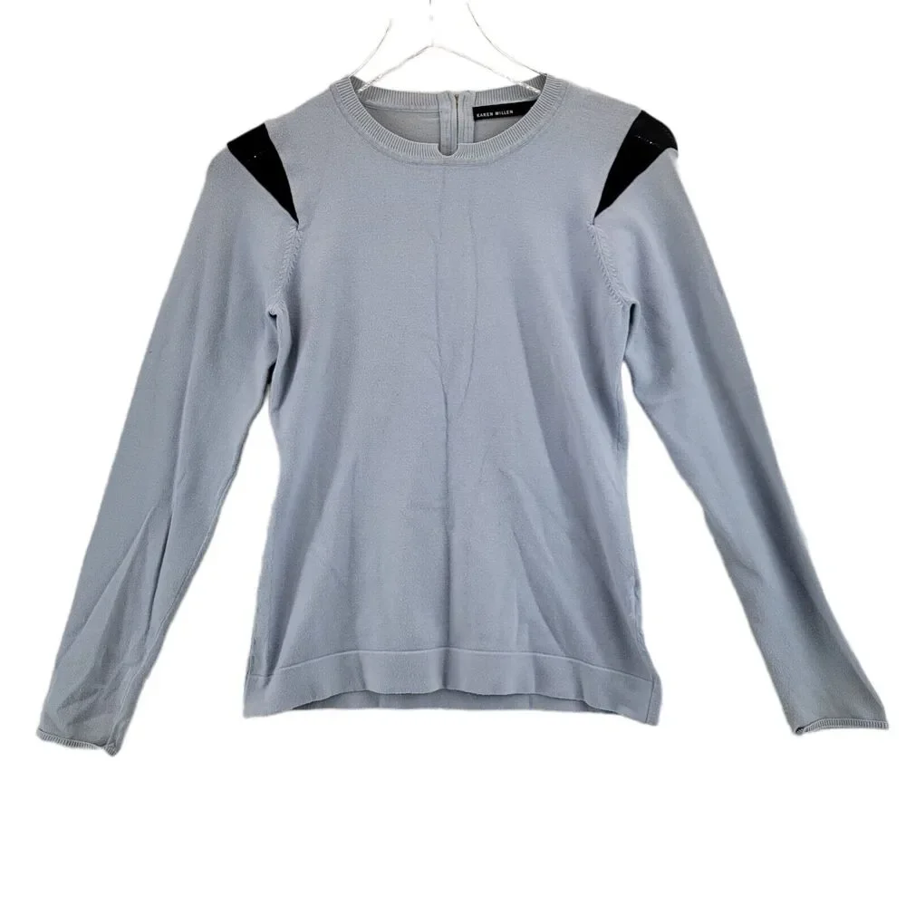 Karen Millen Crewneck Sweater Size‎ 3 XS Light Blue Black Mesh Details Zipper