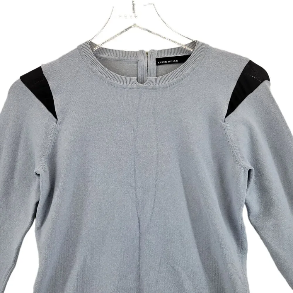 Karen Millen Crewneck Sweater Size‎ 3 XS Light Blue Black Mesh Details Zipper