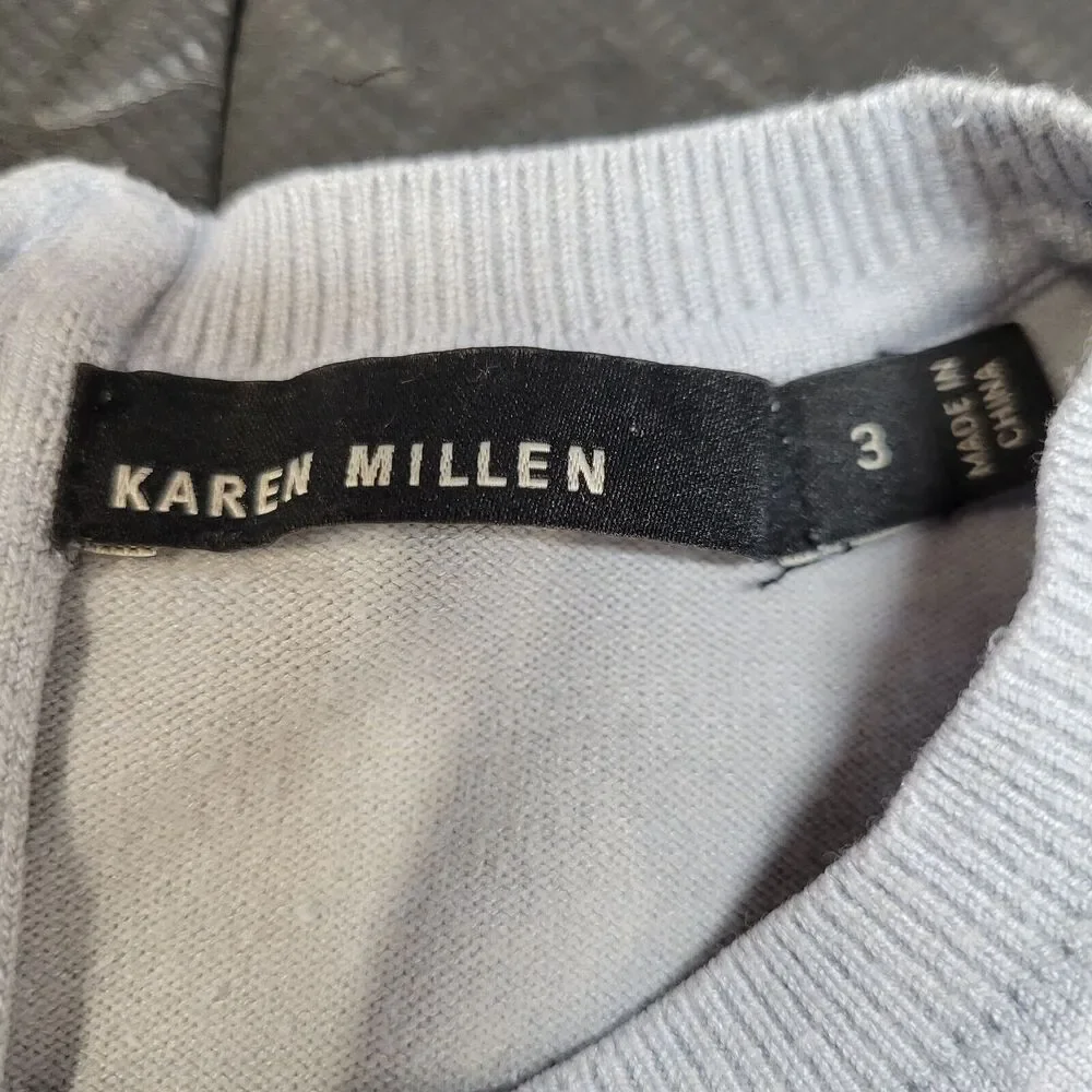 Karen Millen Crewneck Sweater Size‎ 3 XS Light Blue Black Mesh Details Zipper