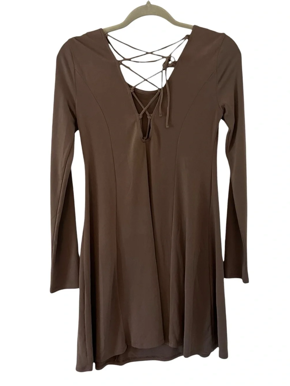 Brown Forever 21 Long Sleeve Dress Lace Up Back Design Women’s Size Medium Fit!