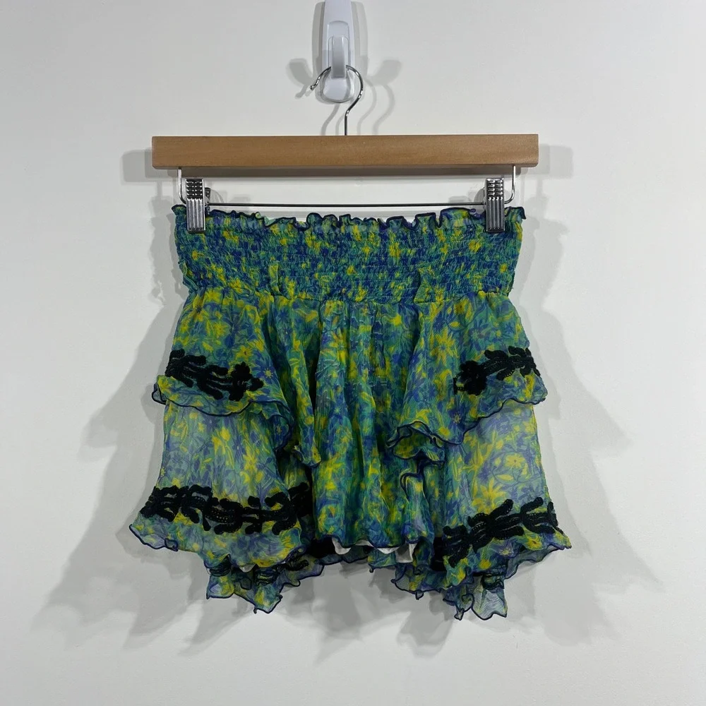 Poupette St Barth Silk Blend Floral Tiered Smocked Mini Skirt Size 0 Lettuce Hem